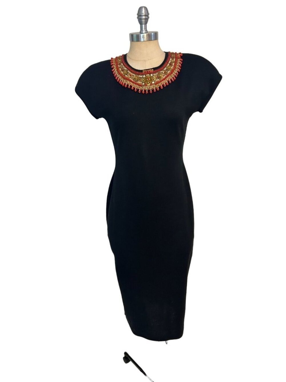 Theomiles Black Dress With Red & Gold Beaded Embellished Collar Medium
